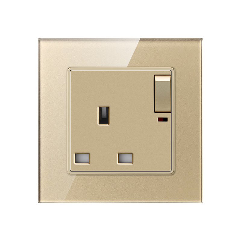 Tempered Glass  Socket F71B-UK Socket With Switch With Indicator Light-Gold